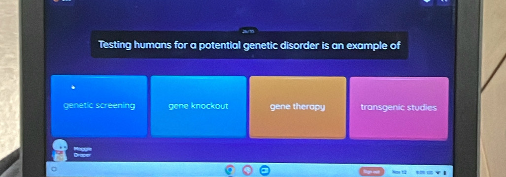 Testing humans for a potential genetic disorder is an example of
genetic screening gene knockout gene therapy transgenic studies