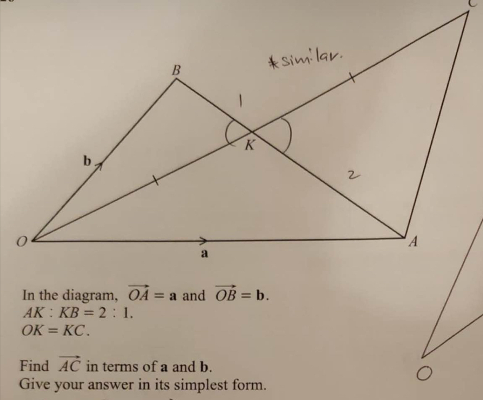 In the diagram, and
AK:KB=2:1.
OK=KC.
Find vector AC in terms of a and b.
Give your answer in its simplest form.