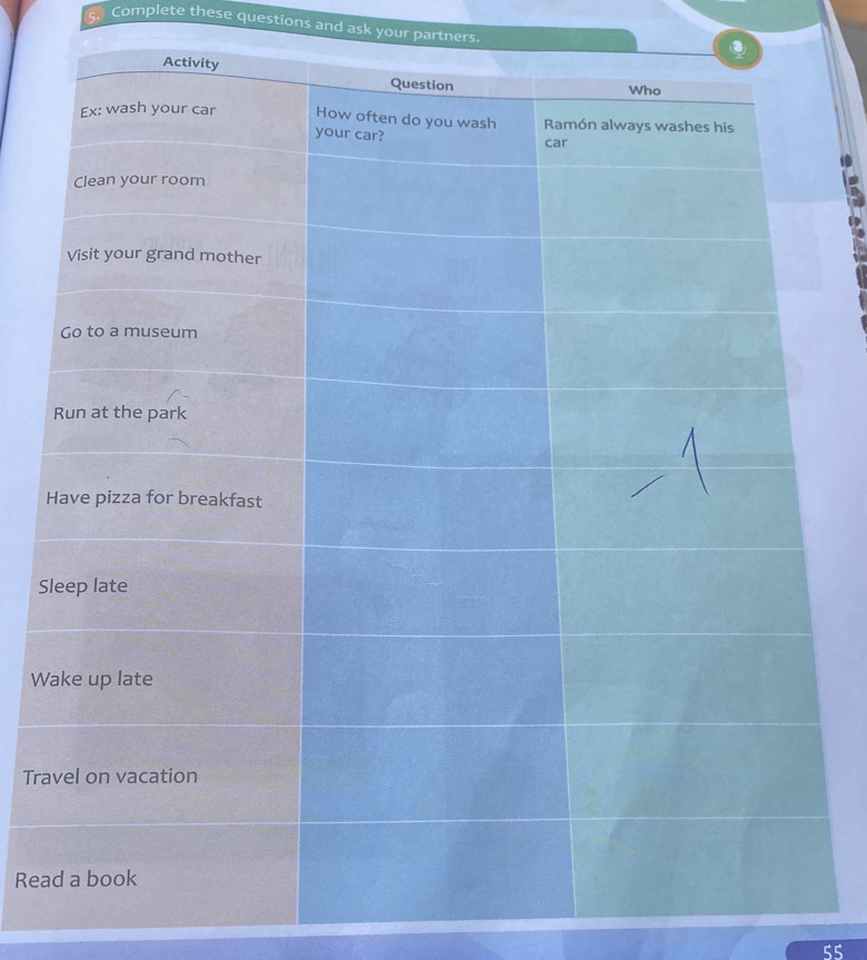 ⑤ Complete these questions and ask your partners. 
S 
W 
Tra 
Rea