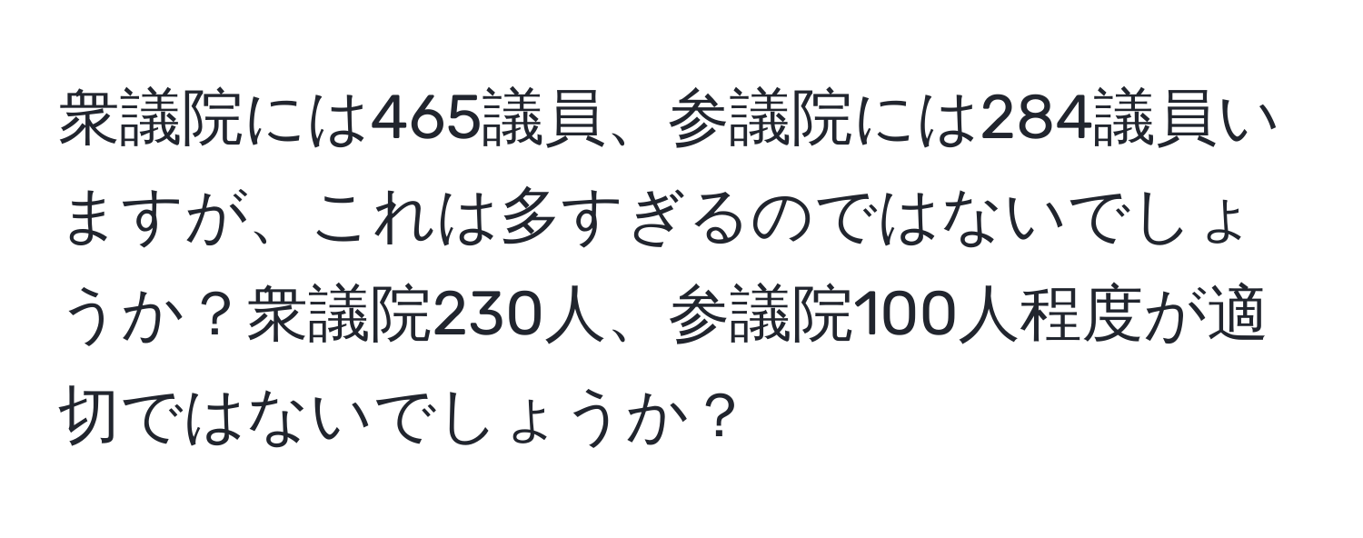 衆議院には465議員、参議院には284議員いますが、これは多すぎるのではないでしょうか？衆議院230人、参議院100人程度が適切ではないでしょうか？