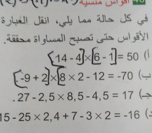 hel Jäl L äl JS Gả 
s e öl gluall Tua Go Cul gä y
14 -4 × 6 - 1 =50 (i
-9+2 × 8* 2-12=-70 ( 
X
27-2,5* 8,5-4,5=17 (
15-25* 2,4+7-3* 2=-16 