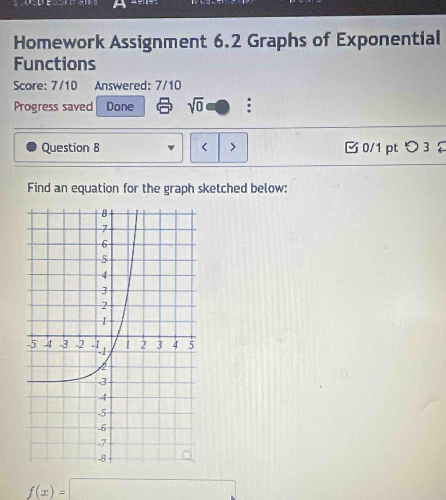 10-1 
Homework Assignment 6.2 Graphs of Exponential 
Functions 
Score: 7/10 Answered: 7/10 
Progress saved Done sqrt(0) : 
Question 8 < > □ 0/1 pt つ 3 
Find an equation for the graph sketched below:
f(x)=□