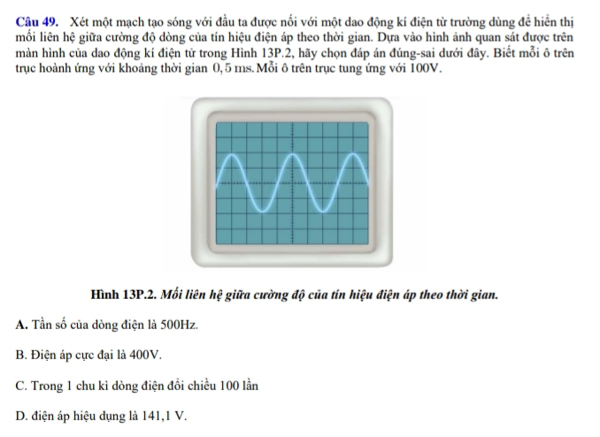 Xét một mạch tạo sóng với đầu ta được nổi với một dao động kí điện từ trường dùng đề hiển thị
mối liên hệ giữa cường độ dòng của tín hiệu điện áp theo thời gian. Dựa vào hình ảnh quan sát được trên
màn hình của dao động kí điện tử trong Hình 13P. 2, hãy chọn đáp án đúng-sai dưới đây. Biết mỗi ô trên
trục hoành ứng với khoảng thời gian 0, 5 ms. Mỗi ô trên trục tung ứng với 100V.
Hình 13P.2. Mối liên hhat ? giữa cường độ của tín hiệu điện áp theo thời gian.
A. Tần số của dòng điện là 500Hz.
B. Điện áp cực đại là 400V.
C. Trong 1 chu kì dòng điện đổi chiều 100 lần
D. điện áp hiệu dụng là 141, 1 V.