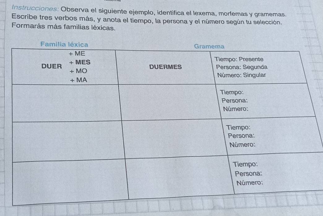 Instrucciones: Observa el siguiente ejemplo, identifica el lexema, morfemas y gramemas. 
Escribe tres verbos más, y anota el tiempo, la persona y el número según tu selección. 
Formarás más familias léxicas.