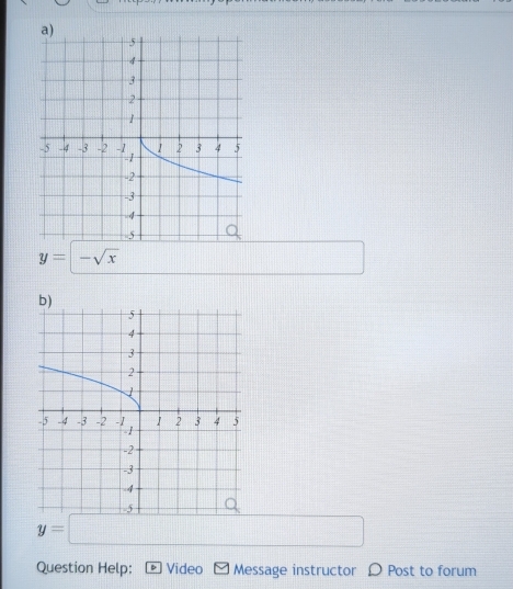 y=-sqrt(x)
y=□
Question Help: Video Message instructor Ω Post to forum