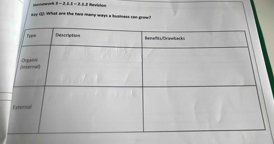 Homework 3 - 2.1.1 - 2.1.2 Revision 
Key Q): What are the two many ways a business can grow?