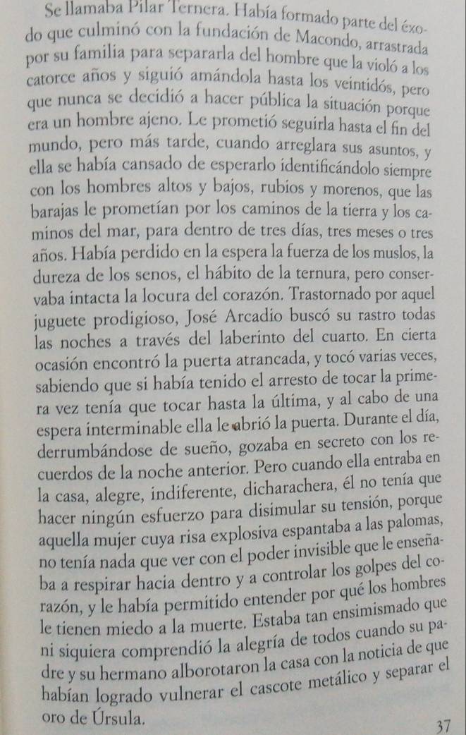 Se llamaba Pilar Ternera. Había formado parte del éxo-
do que culminó con la fundación de Macondo, arrastrada
por su familia para separarla del hombre que la violó a los
catorce años y siguió amándola hasta los veintidós, pero
que nunca se decidió a hacer pública la situación porque
era un hombre ajeno. Le prometió seguirla hasta el fin del
mundo, pero más tarde, cuando arreglara sus asuntos, y
ella se había cansado de esperarlo identificándolo siempre
con los hombres altos y bajos, rubios y morenos, que las
barajas le prometían por los caminos de la tierra y los ca-
minos del mar, para dentro de tres días, tres meses o tres
años. Había perdido en la espera la fuerza de los muslos, la
dureza de los senos, el hábito de la ternura, pero conser-
vaba intacta la locura del corazón. Trastornado por aquel
juguete prodigioso, José Arcadio buscó su rastro todas
las noches a través del laberinto del cuarto. En cierta
ocasión encontró la puerta atrancada, y tocó varias veces,
sabiendo que si había tenido el arresto de tocar la prime-
ra vez tenía que tocar hasta la última, y al cabo de una
espera interminable ella le abrió la puerta. Durante el día,
derrumbándose de sueño, gozaba en secreto con los re-
cuerdos de la noche anterior. Pero cuando ella entraba en
la casa, alegre, indiferente, dicharachera, él no tenía que
hacer ningún esfuerzo para disimular su tensión, porque
aquella mujer cuya risa explosiva espantaba a las palomas,
no tenía nada que ver con el poder invisible que le enseña-
ba a respirar hacia dentro y a controlar los golpes del co-
razón, y le había permitido entender por qué los hombres
le tienen miedo a la muerte. Estaba tan ensimismado que
ni siquiera comprendió la alegría de todos cuando su pa-
dre y su hermano alborotaron la casa con la noticia de que
habían logrado vulnerar el cascote metálico y separar el
oro de Úrsula.
37