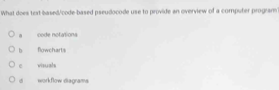 What does text-based/code-based pseudocode use to provide an overview of a computer program?
a code notations
b flowcharts
c visuals
d workflow diagrams