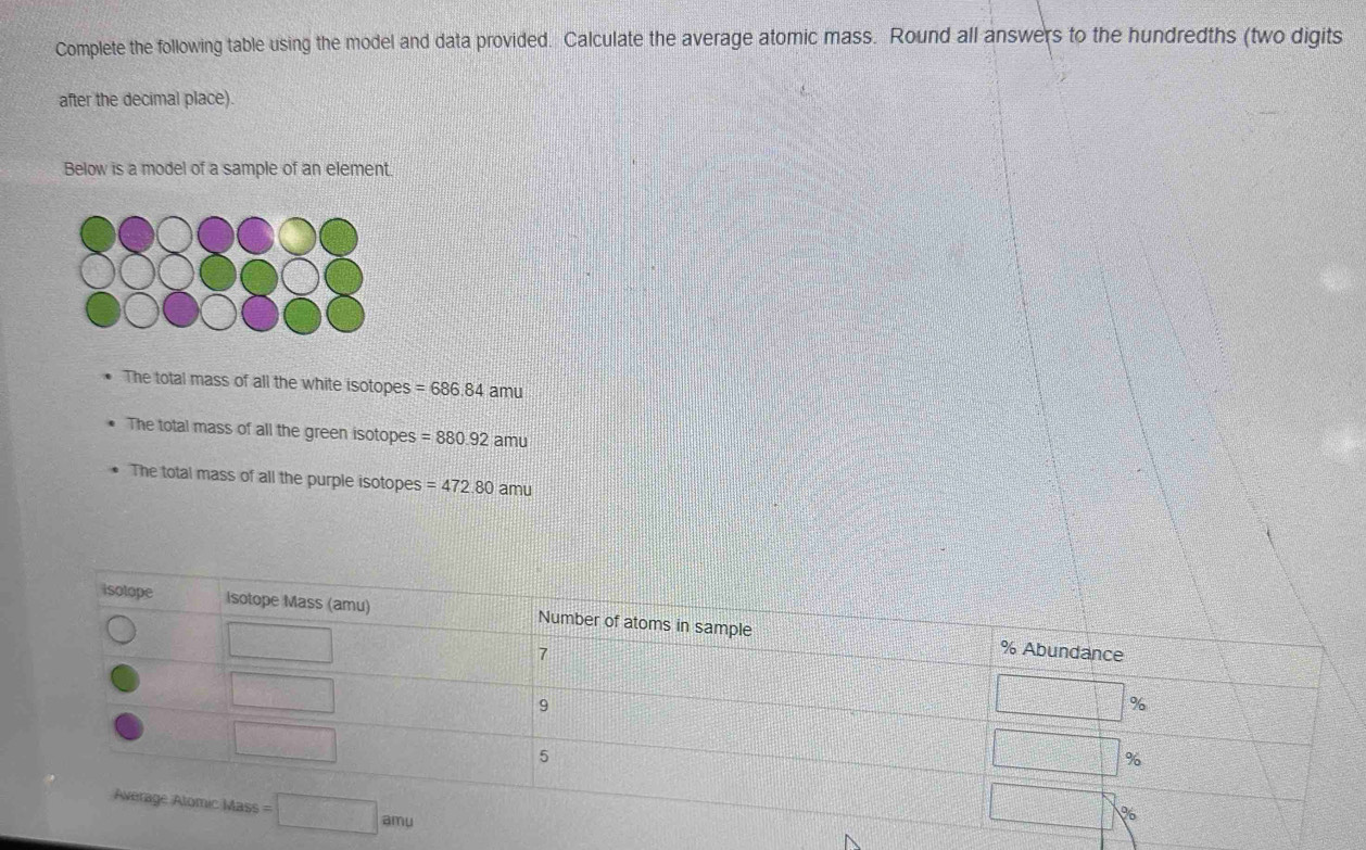 Complete the following table using the model and data provided. Calculate the average atomic mass. Round all answers to the hundredths (two digits
after the decimal place).
Below is a model of a sample of an element.
The total mass of all the white isotopes =686.84 amu
The total mass of all the green isotopes =880.92 amu
The total mass of all the purple isotopes =472.80 amu