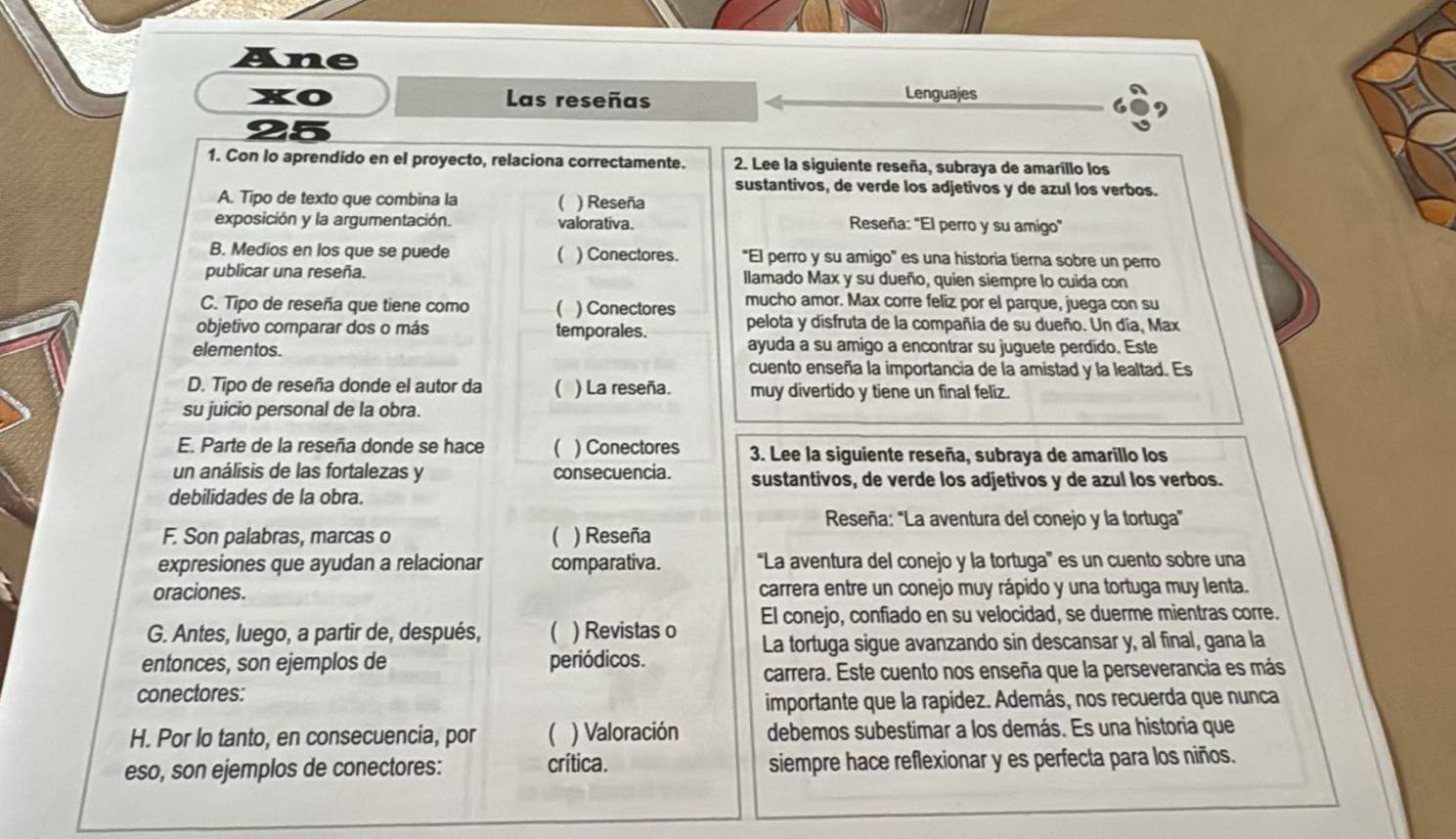 Ane
xo Las reseñas
Lenguajes
25
1. Con lo aprendido en el proyecto, relaciona correctamente. 2. Lee la siguiente reseña, subraya de amaríllo los
sustantivos, de verde los adjetivos y de azul los verbos.
A. Tipo de texto que combina la ( ) Reseña
exposición y la argumentación. valorativa.  Reseña: "El perro y su amigo"
(
B. Medios en los que se puede ) Conectores. 'El perro y su amigo" es una historia tierna sobre un perro
publicar una reseña. llamado Max y su dueño, quien siempre lo cuida con
C. Tipo de reseña que tiene como ( ) Conectores mucho amor. Max corre feliz por el parque, juega con su
objetivo comparar dos o más temporales. pelota y disfruta de la compañía de su dueño. Un día, Max
elementos. ayuda a su amigo a encontrar su juguete perdido. Este
cuento enseña la importancia de la amistad y la lealtad. Es
D. Tipo de reseña donde el autor da  ) La reseña. muy divertido y tiene un final feliz.
su juicio personal de la obra.
E. Parte de la reseña donde se hace ( ) Conectores 3. Lee la siguiente reseña, subraya de amarillo los
un análisis de las fortalezas y consecuencia. sustantivos, de verde los adjetivos y de azul los verbos.
debilidades de la obra.
Reseña: 'La aventura del conejo y la tortuga'
F. Son palabras, marcas o ( ) Reseña
expresiones que ayudan a relacionar comparativa. '''La aventura del conejo y la tortuga'' es un cuento sobre una
oraciones. carrera entre un conejo muy rápido y una tortuga muy lenta.
El conejo, confiado en su velocidad, se duerme mientras corre.
G. Antes, luego, a partir de, después, ( ) Revistas o La tortuga sigue avanzando sin descansar y, al final, gana la
entonces, son ejemplos de periódicos.
carrera. Este cuento nos enseña que la perseverancia es más
conectores:
importante que la rapidez. Además, nos recuerda que nunca
H. Por lo tanto, en consecuencia, por ( ) Valoración debemos subestimar a los demás. Es una historia que
eso, son ejemplos de conectores: crítica. siempre hace reflexionar y es perfecta para los niños.