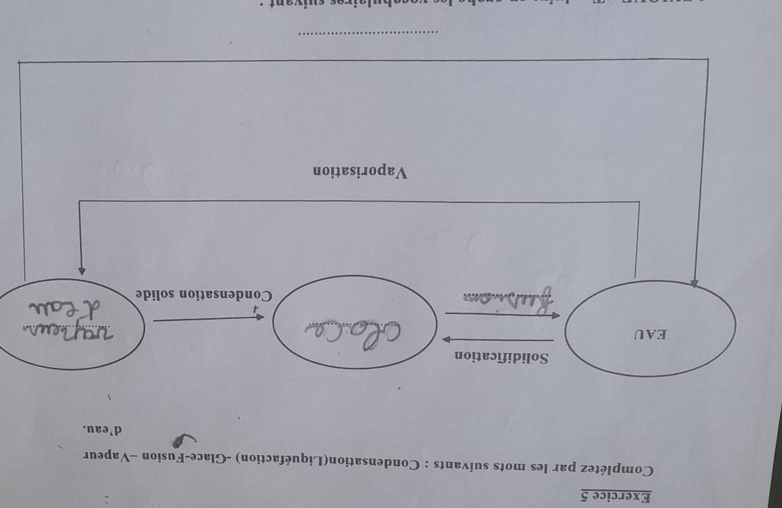 Complétez par les mots suivants : Condensation(Liquéfaction) -Glace-Fusion -Vapeur 
d’eau. 
Solidification 
EAU 
Condensation solide 
Vaporisation