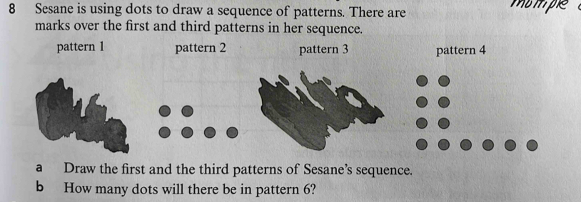 Sesane is using dots to draw a sequence of patterns. There are 
mumpe 
marks over the first and third patterns in her sequence. 
pattern 1 pattern 2 pattern 3 pattern 4 
a Draw the first and the third patterns of Sesane’s sequence. 
b How many dots will there be in pattern 6?