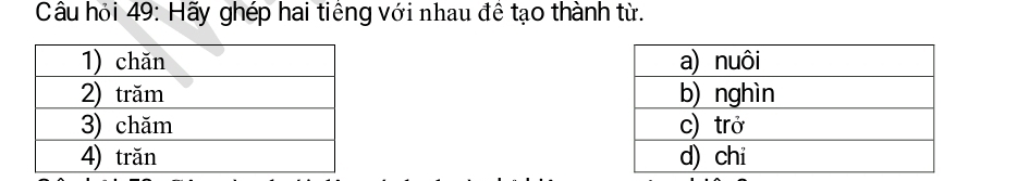 Câu hỏi 49: Hãy ghép hai tiêng với nhau đề tạo thành từ.