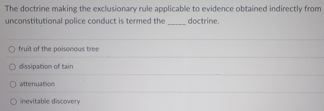 The doctrine making the exclusionary rule applicable to evidence obtained indirectly from
unconstitutional police conduct is termed the _doctrine.
fruit of the poisonous tree
dissipation of tain
attenuation
inevitable discovery