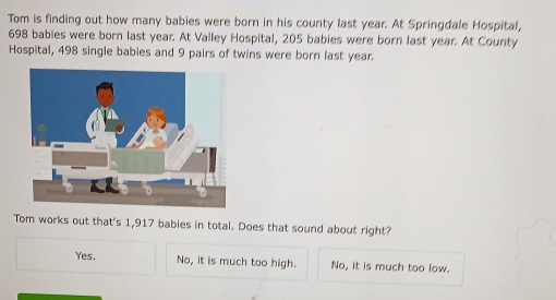 Tom is finding out how many babies were born in his county last year. At Springdale Hospital,
698 babies were born last year. At Valley Hospital, 205 babies were born last year. At County
Hospital, 498 single babies and 9 pairs of twins were born last year.
Tom works out that's 1,917 babies in total. Does that sound about right?
Yes. No, it is much too high. No, it is much too low.