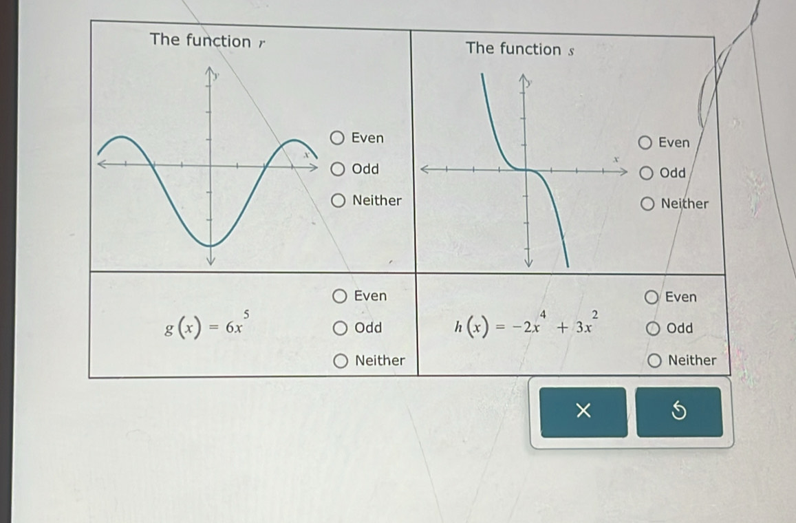 The function The function s
EvenEven
OddOdd
NeitherNeither
Even Even
g(x)=6x^5
Odd h(x)=-2x^4+3x^2 Odd
Neither Neither
×