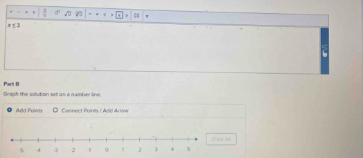  □ /□   sqrt(□ )
π
x≤ 3
Part B 
Graph the solution set on a number line. 
Add Points Connect Points / Add Arrow 
All