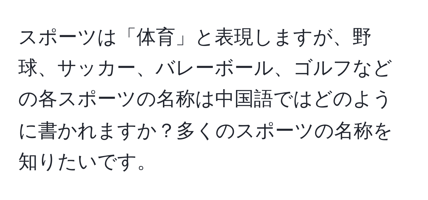 スポーツは「体育」と表現しますが、野球、サッカー、バレーボール、ゴルフなどの各スポーツの名称は中国語ではどのように書かれますか？多くのスポーツの名称を知りたいです。