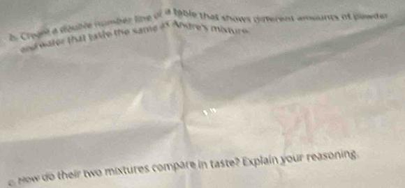 Creghl a souble number line of i table that shows diferent amounts at powder 
d eater that latle the same 4f Andre's misture 
How do their two mixtures compare in taste? Explain your reasoning.