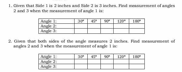 Given that Side 1 is 2 inches and Side 2 is 3 inches. Find measurement of angles
2 and 3 when the measurement of angle 1 is:
2. Given that both sides of the angle measures 2 inches. Find measurement of
angles 2 and 3 when the measurement of angle 1 is: