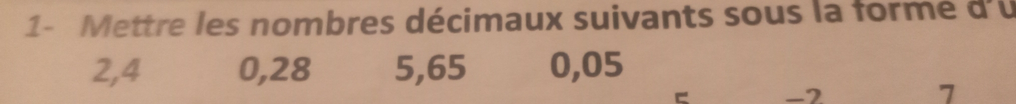 1- Mettre les nombres décimaux suivants sous la forme d'u
2, 4 0, 28 5, 65 0,05
-2
7