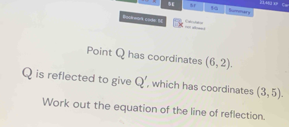 23.462 XP 
Car 
5E 5F 5G Summary 
Bookwork code: 5E not allowed Calculator 
Point Q has coordinates (6,2).
Q is reflected to give Q' , which has coordinates (3,5). 
Work out the equation of the line of reflection.