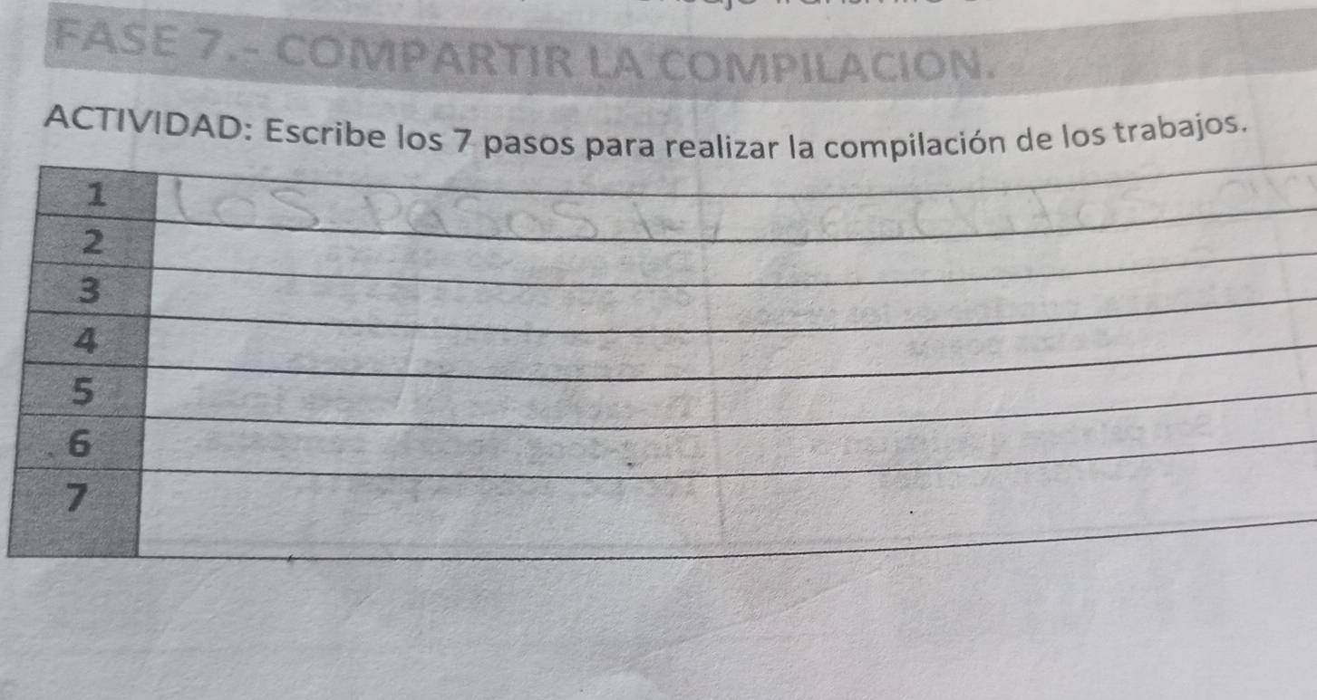 FASE 7.- COMPARTIR LA COMPILACION. 
ACTIVIDAD: Escribe los 7 pasos para realizar la compilación de los trabajos.