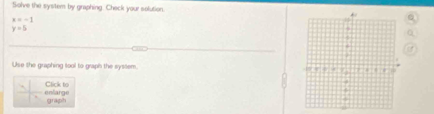 Solve the syster by graphing. Check your solution.
x=-1
y=5
Use the graphing tool to graph the system. 
Click to 
enlarge 
graph