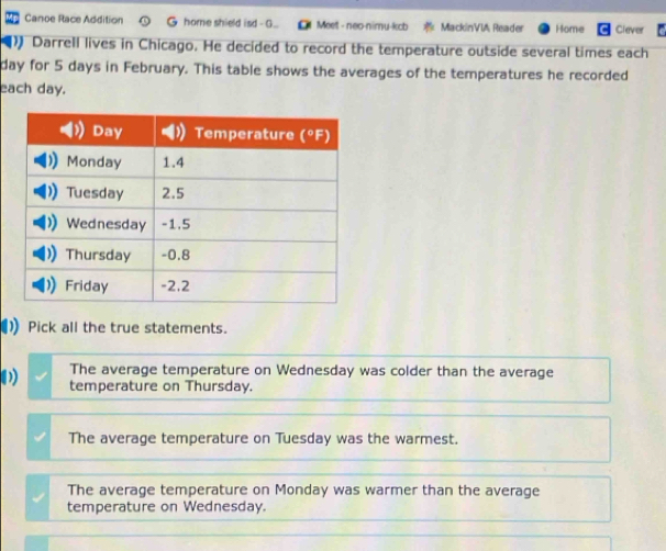 Canoe Race Addition G home shield isd - G... Meet - neo-nimu-kcb MackinVVA Reader Home Clever
Darrell lives in Chicago. He decided to record the temperature outside several times each
day for 5 days in February. This table shows the averages of the temperatures he recorded
each day.
Pick all the true statements.
The average temperature on Wednesday was colder than the average
temperature on Thursday.
The average temperature on Tuesday was the warmest.
The average temperature on Monday was warmer than the average
temperature on Wednesday.