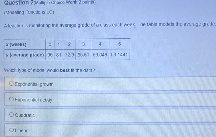 Question 2(Multiple Choice Worth 2 points)
(Modeling Functions LC)
A teacher is monitoring the average grade of a class each week. The table models the average grade,
Which type of model would best fit the data?
Exponential growth
Exponential decay
Quadratic
Linear