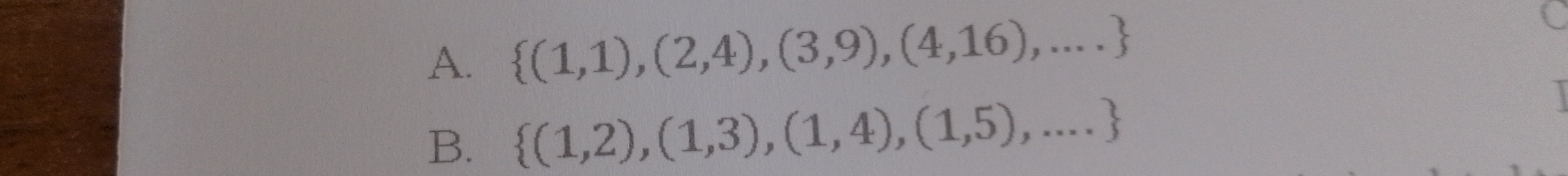  (1,1),(2,4),(3,9),(4,16),...
B.  (1,2),(1,3),(1,4),(1,5),...