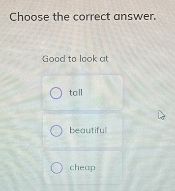 Choose the correct answer.
Good to look at
tall
beautiful
cheap