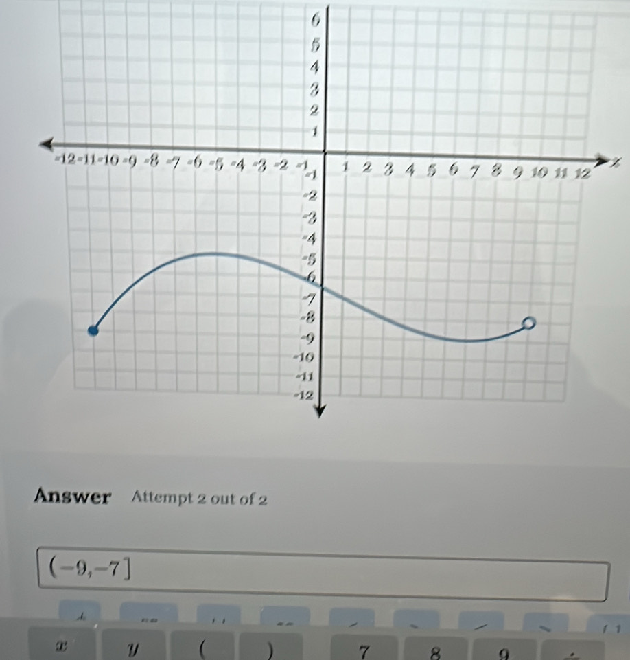 Answer Attempt 2 out of 2
(-9,-7]
“. , . a ” 
、 
、 11
V  ) 7 8 9