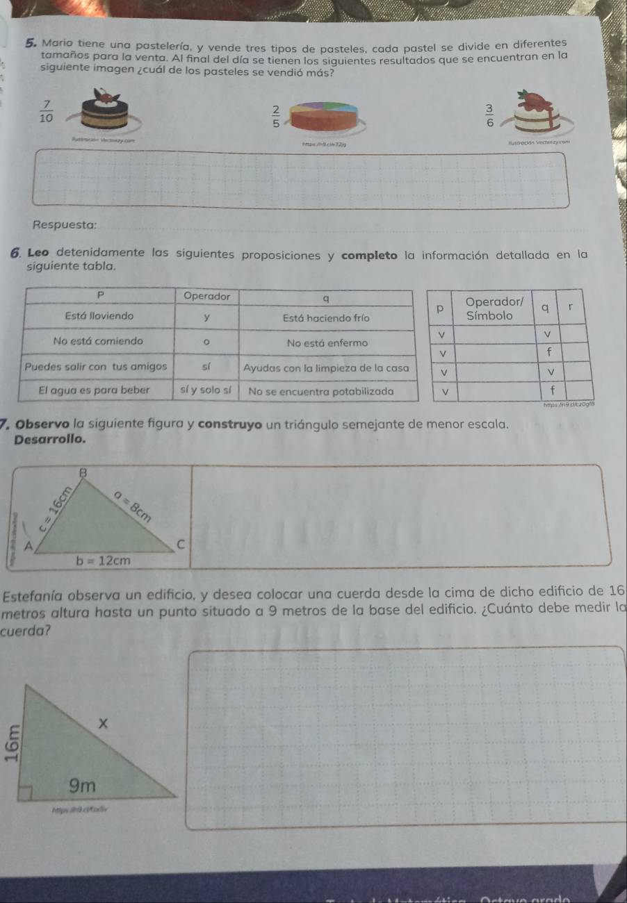 Mario tiene una pastelería, y vende tres tipos de pasteles, cada pastel se divide en diferentes
tamaños para la venta. Al final del día se tienen los siguientes resultados que se encuentran en la
siguiente imagen ¿cuál de los pasteles se vendió más?
 7/10 
 2/5 
 3/6 
Respuesta:
6. Leo detenidamente las siguientes proposiciones y completo la información detallada en la
siguiente tabla.
7. Observo la siguiente figura y construyo un triángulo semejante de menor escala.
Desarrollo.
Estefanía observa un edificio, y desea colocar una cuerda desde la cima de dicho edificio de 16
metros altura hasta un punto situado a 9 metros de la base del edificio. ¿Cuánto debe medir la
cuerda?