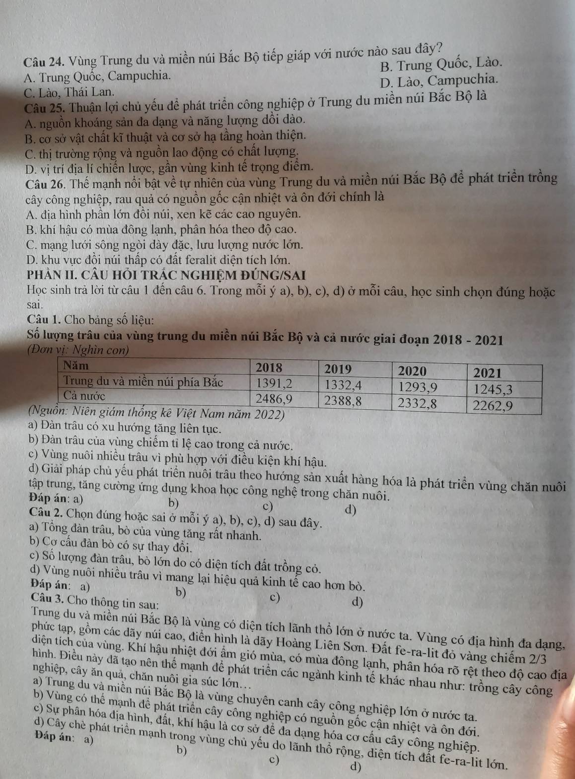 Vùng Trung du và miền núi Bắc Bộ tiếp giáp với nước nào sau đây?
A. Trung Quốc, Campuchia. B. Trung Quốc, Lào.
C. Lào, Thái Lan. D. Lào, Campuchia.
Câu 25. Thuận lợi chủ yếu để phát triển công nghiệp ở Trung du miền núi Bắc Bộ là
A. nguồn khoáng sản đa dạng và năng lượng dồi dào.
B. cơ sở vật chất kĩ thuật và cơ sở hạ tầng hoàn thiện.
C. thị trường rộng và nguồn lao động có chất lượng.
D. vị trí địa lí chiến lược, gần vùng kinh tế trọng điểm.
Câu 26. Thế mạnh nổi bật về tự nhiên của vùng Trung du và miền núi Bắc Bộ để phát triển trồng
cây công nghiệp, rau quả có nguồn gốc cận nhiệt và ôn đới chính là
A. địa hình phần lớn đồi núi, xen kẽ các cao nguyên.
B. khí hậu có mùa đông lạnh, phân hóa theo độ cao.
C. mạng lưới sông ngòi dày đặc, lưu lượng nước lớn.
D. khu vực đồi núi thấp có đất feralit diện tích lớn.
pHÂN II. CÂU HỚI TRÁC NGHIỆM ĐÚNG/SAI
Học sinh trả lời từ câu 1 đến câu 6. Trong mỗi ý a), b), c), d) ở mỗi câu, học sinh chọn đúng hoặc
sai .
Câu 1. Cho bảng số liệu:
Số lượng trâu của vùng trung du miền núi Bắc Bộ và cả nước giai đoạn 2018 - 2021
(Đơ
2)
a) Đàn trâu có xu hướng tăng liên tục.
b) Đàn trâu của vùng chiếm tỉ lệ cao trong cả nước.
c) Vùng nuôi nhiều trâu vì phù hợp với điều kiện khí hậu.
d) Giải pháp chủ yếu phát triển nuôi trâu theo hướng sản xuất hàng hóa là phát triển vùng chăn nuôi
tập trung, tăng cường ứng dụng khoa học công nghệ trong chăn nuôi.
Đáp án: a) b) c) d)
Câu 2. Chọn đúng hoặc sai ở mỗi ý a), b), c), d) sau đây.
a) Tổng đàn trâu, bò của vùng tăng rất nhanh.
b) Cơ cấu đàn bò có sự thay đổi.
c) Số lượng đàn trâu, bò lớn do có diện tích đất trồng cỏ.
d) Vùng nuôi nhiều trâu vì mang lại hiệu quả kinh tế cao hơn bò.
Đáp án: a) b) c) d)
Câu 3. Cho thông tin sau:
Trung du và miền núi Bắc Bộ là vùng có diện tích lãnh thổ lớn ở nước ta. Vùng có địa hình đa dạng,
phức tạp, gồm các dãy núi cao, điển hình là dãy Hoàng Liên Sơn. Đất fe-ra-lit đỏ vàng chiếm 2/3
diện tích của vùng. Khí hậu nhiệt đới ẩm gió mùa, có mùa đông lạnh, phân hóa rõ rệt theo độ cao địa
hình. Điều này đã tạo nên thể mạnh để phát triển các ngành kinh tế khác nhau như: trồng cây công
nghiệp, cây ăn quả, chăn nuôi gia súc lớn...
a) Trung du và miền núi Bắc Bộ là vùng chuyên canh cây công nghiệp lớn ở nước ta.
b) Vùng có thể mạnh dể phát triển cây công nghiệp có nguồn gốc cận nhiệt và ôn đới.
c) Sự phân hóa địa hình, đất, khí hậu là cơ sở để đa dạng hóa cơ cấu cây công nghiệp.
Đáp án: a)
d) Cây chè phát triển mạnh trong vùng chủ yếu do lãnh thổ rộng, diện tích đất fe-ra-lit lớn.
b)
c)
d)
