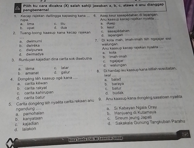 Pilih ku cara dicakra (X) salah sahiji jawaban a, b, c, atawa d anu dianggap
A pangbenerna!
1. Kecap rajekan dwilingga kapasing kana ... 6. Asep keur sasapédahan di lapangan.
rupa. Anu kaasup kecap rajekan nyaéta ...
a. lima c. tilu a. ·Asep
b. opat d. dua b. keur
2. Tuang-toong kaasup kana kecap rajekan c. sasapédahan
d. lapangan
a. dwimurni 7. Di kota mah, imah-imah téh ngajajar sisi
b. dwiréka walungan
c. dwipurwa Anu kaasup kecap rajekan nyaéta ....
d. dwimadya a. kota
3. Runtuyan kajadian dina carita sok disebutna b. imah-imah
c. ngajajar
a. téma c. latar d. walungan
b amanat d. galur 8. Di handap ieu kaasup kana istilah sosobatan,
iwal ....
4. Dongéng téh kaasup ogé kana .... a. balad
a. carita kéwan
b. carita rakyat b. baraya
c. carita kahirupan c. batur
d. carita batur d. budak
5. Carita dongéng téh nyaéta carita rekaan anu 9. Anu kaasup kana dongéng sasatoan nyaéta
ngandung .... a. Si Kabayan Ngala Oray
a. pamohalan b. Hanjuang di Kutamaya
b. kanyataan c. Sireum jeung Japati
c. kajadian
d. lalakon d. Sakakala Gunung Tangkuban Parahu
25
Basa Sunda 3 SD/MI Semester Genap