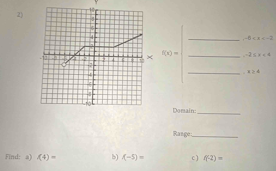 square 
_ -6
f(x)= _
-2≤ x<4</tex> 
_ 
. x≥ 4
Domain:_ 
Range;_ 
Find: a) f(4)= b) f(-5)= c ) f(-2)=