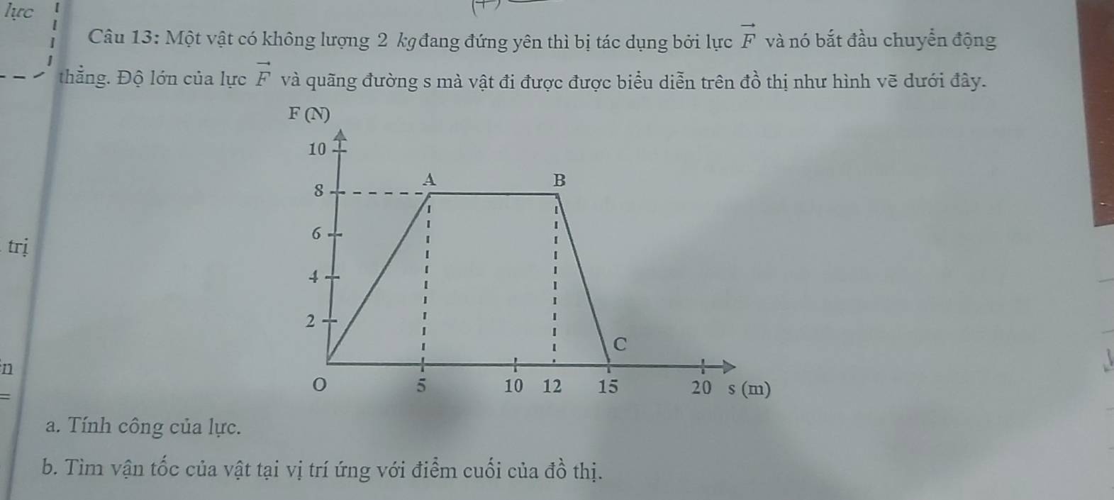 lực 
Câu 13: Một vật có không lượng 2 kgđang đứng yên thì bị tác dụng bởi lực vector F và nó bắt đầu chuyển động 
thẳng. Độ lớn của lực vector F và quãng đường s mà vật đi được được biểu diễn trên đồ thị như hình vẽ dưới đây. 
trị 
n 
a. Tính công của lực. 
b. Tìm vận tốc của vật tại vị trí ứng với điểm cuối của đồ thị.