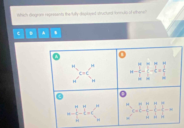 Which diagram represents the fully displayed structural formula of ethene?
D A B
a
B
H H
c=c
H H
H-beginarrayr H&H&H C&-&C&-^Hendarray =□  H C-C=C Hendarray
D
C
H-beginarrayr H&H CH Hendarray =Cbeginarrayr H Hendarray  H C=beginbmatrix H&C-C-C-H
sqrt()
H