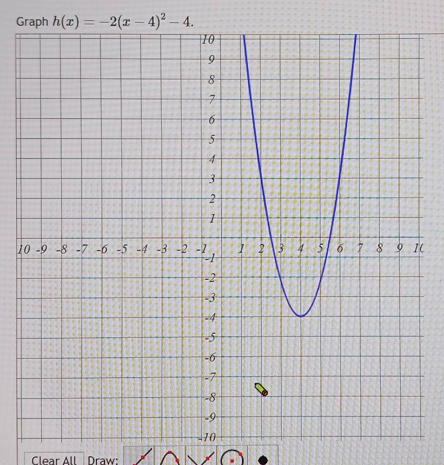 Graph h(x)=-2(x-4)^2-4. 
1( 
Clear All Draw: