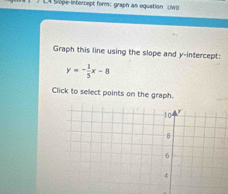 Slope-intercept form: graph an equation UWB 
Graph this line using the slope and y-intercept:
y=- 1/5 x-8
Click to select points on the graph.