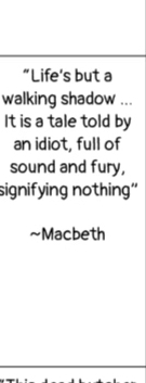 “Life's but a
walking shadow ...
It is a tale told by
an idiot, full of
sound and fury,
signifying nothing“
Macbeth