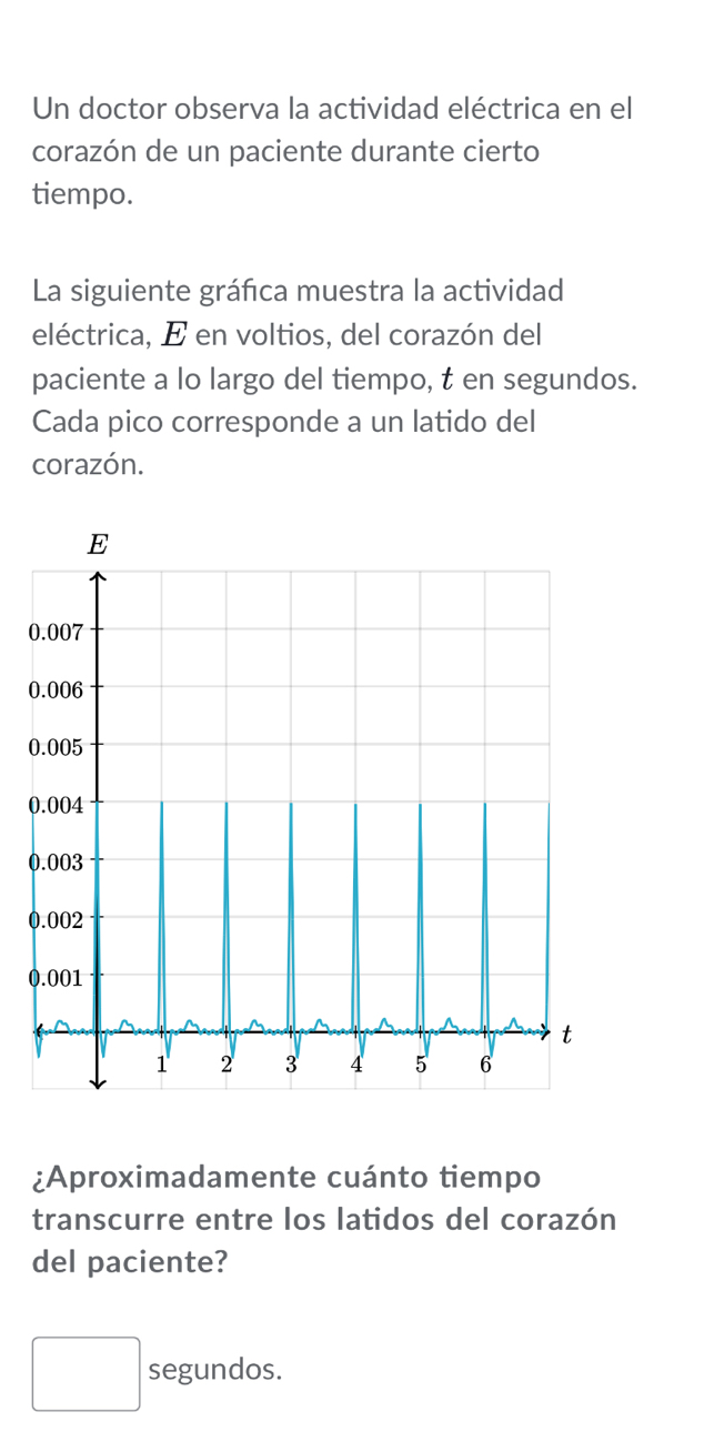 Un doctor observa la actividad eléctrica en el 
corazón de un paciente durante cierto 
tiempo. 
La siguiente gráfca muestra la actividad 
eléctrica, E en voltios, del corazón del 
paciente a lo largo del tiempo, t en segundos. 
Cada pico corresponde a un latido del 
corazón.
0
0
0
0
0
0
0
¿Aproximadamente cuánto tiempo 
transcurre entre los latidos del corazón 
del paciente? 
segundos.