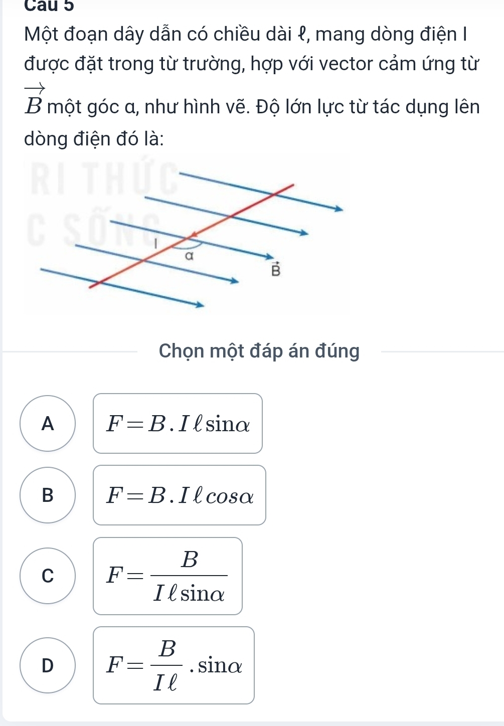 Cau 5
Một đoạn dây dẫn có chiều dài ℓ, mang dòng điện I
được đặt trong từ trường, hợp với vector cảm ứng từ
vector B một góc a, như hình vẽ. Độ lớn lực từ tác dụng lên
dòng điện đó là:
Chọn một đáp án đúng
A F=B. I lsinα
B F=B. I lcosα
C F= B/Iell sin alpha  
D F= B/Iell  .sin alpha