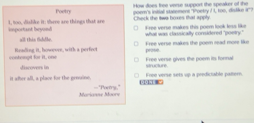 Solved: How does free verse support the speaker of the Poetry poem's ...
