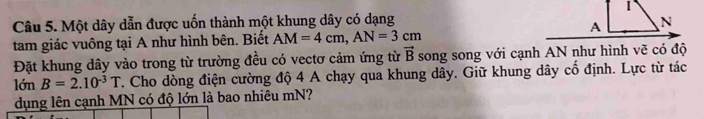 Một dây dẫn được uốn thành một khung dây có dạng 
tam giác vuông tại A như hình bên. Biết AM=4cm, AN=3cm
Đặt khung dây vào trong từ trường đều có vectơ cảm ứng từ vector B song song với cạnh AN như hình vẽ có độ 
lớn B=2.10^(-3)T. Cho dòng điện cường độ 4 A chạy qua khung dây. Giữ khung dây cố định. Lực từ tác 
dụng lên cạnh MN có độ lớn là bao nhiêu mN?