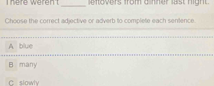 here weren't leftovers from dinner last night.
_
Choose the correct adjective or adverb to complete each sentence.
A blue
B many
C slowly