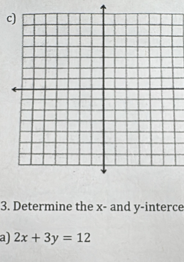 Determine the x - and y -interce 
a) 2x+3y=12