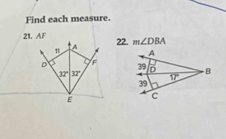 Find each measure.
21. AF
22. m∠ DBA