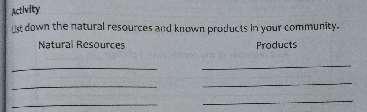 Activity 
List down the natural resources and known products in your community. 
Natural Resources Products 
_ 
_ 
_ 
_ 
_ 
_